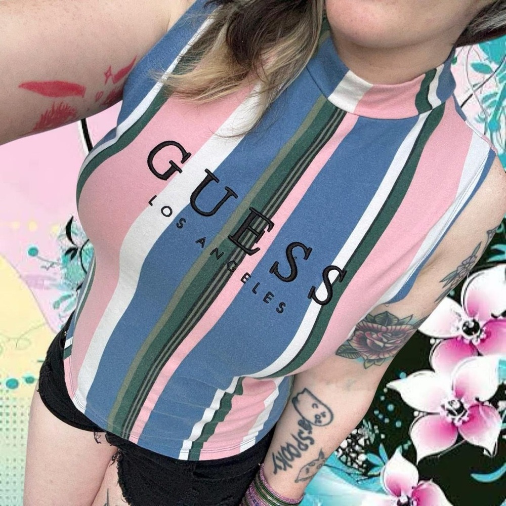 vtg 90s guess preppy logomania striped mock neck spellout tank top, sz md